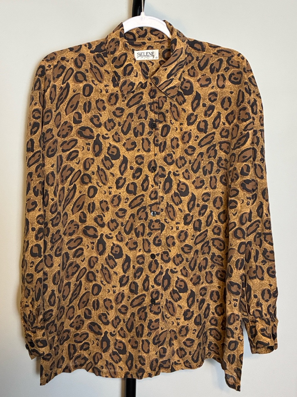 Flawed Selene Paris Silk Leopard Print Blouse Button Down Brown‎ Black Medium